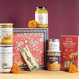 Arham Organic Rakhi Rituals Combo – 7-in-1 Natural Gift Hamper with A2 Ghee, Turmeric Latte, Matcha, Millet Pasta, Pearl Crisps, Coconut Sugar & Handcrafted Rakhi. Organic, Gluten-Free, Festive-image-0