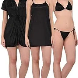 you forever Womens Satin Nightwear Set of Nighty, Bathrobe, Bikini Lingerie Set-picture-42