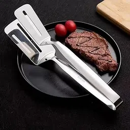 Vexton BBQ Cooking Tool Frying Turner Double Sided Spatula Multifunctional Stainless Steel Food Flipping Clip Steak Tong Food Clamp, 10 Inch-picture-24