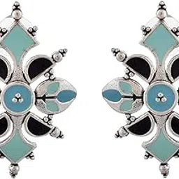 voylla Brass Oxidised Dreamy Enamel Floral Shape Blue Earrings for Women and Girls-picture-36