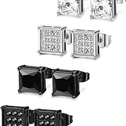 fibo steel 4 Pairs Stainless Steel Stud Earrings for Men Women Ear Piercing CZ Inalid,6-8MM-picture-35