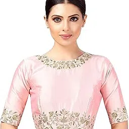 studio shringaar Women's Readymade Art Silk Embroidered Saree Blouse with Elbow Length Sleeves-picture-30