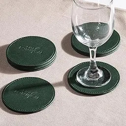 CASA BOTANICAL Hand Crafted Faux Leather Round Shaped Coaster Set of 6 Ideal for Office/Home/Table/Dining/Tea/Coffee (Green)-picture-24