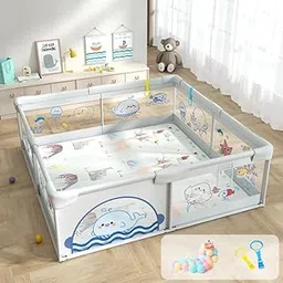 Dawnwake 150x180 cm Playard with Ocean Balls and Anti-Fall Grasp Rings, Large Playpen for Baby up to 5 Years with Safety Lock (NO Mat/Cushion, Non-Foldable) - Grey-picture-36