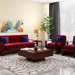 FurnitureWay Sheesham Wooden 5 Seater Sofa Set for Living Room | Solid Wood Sofa | Rosewood Sofa Set for Home & Office | Lounge (Walnut, 3+1+1 Seater, Wine red)-picture-18