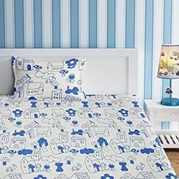 URBAN DREAM Kids Abstract Doodle Print White and Blue BEDSHEET Set (Single Bed)-image-22