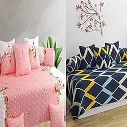 IVAZA Premium Floral Printed Cotton 6 Piece diwan Set Combo -(2 diwan bedsheet, 10 Cushion Covers, 4 Bolster Covers, Pink & Blue weavs-image-90