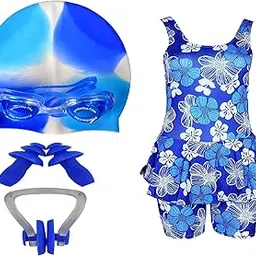 JMT Wear Girls Swimming Kit with Swimming Costume Swimming Goggles Silicone Swimming Cap 1 Nose Clip 2 Ear Plugs (3-4yrs) (Multicolor)-image-35