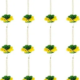 Plus Ethnics Flower Green and Yellow Fabric Along with Pearls Brass Maang Tikka for Women,Pack of 12 ; MangTika Set for Wedding | Baby Shower | Shaadi| Haldi | Mehandi.-image-68