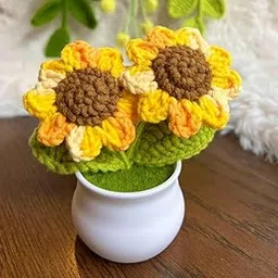 VRB DecTM 1 Pcs Crochet Flowers Artificial Twin Sunflower for Office Desk Car Dashboard Decor,Home Decoration,Festival,Office, Bedroom, Christmas Decor. (Twin Yellow Sunflower with Pot)-image-45