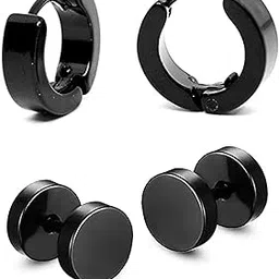 lila Combo of Black Color Dumbell & Black Color Piercing Hoop Earring for Men and Women-picture-36