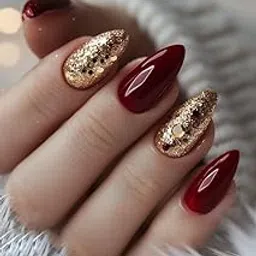 Set Of 14Pc, Press-On, Short Almond Glossy Maroon and Gold Glitter Design, Nail Extensions With Free Glue-picture-25