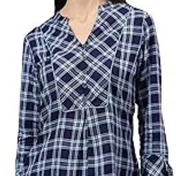 Latin Quarters Women Blue Navy 3/4 Sleeve V-Neck Checked Top-picture-12