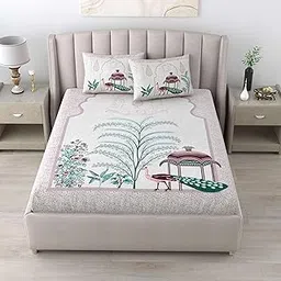 Jaipur Fabric 100% Cotton Bedsheet for Double Bed with 2 Pillow Covers| 180 TC Printed Bed Sheet for Home Bedroom (90x108 Inch, Green)-picture-13