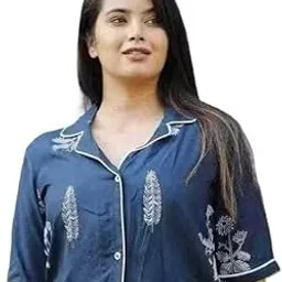 Women's Feather Print Pajama Set, Cotton Night Suit, Short Sleeve Button-Down Top with Pants, Comfortable Sleepwear-image-75