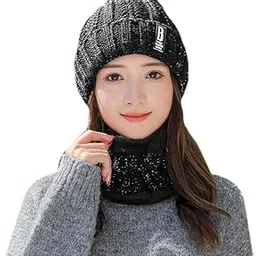 dressify Super Comfortable Woolen Beanie Cap Plus Muffler Scarf Set for Women - Warm, Snow Proof Winter Cap Black Color-picture-15