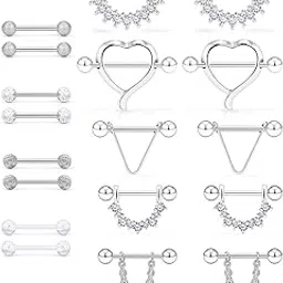 scerring 14G Nipple Rings Stainless Steel Nipplerings CZ Heart Tongue Shield Barbell Rings Retainer Body Piercing Jewelry for Women 9/16Inch 11 Pairs-picture-13