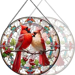 RIVEENY Cardinal Stained Glass Suncatchers for Windows Hanging,Couple Red Love Birds Sun Catchers for Christmas Ornaments, Stained Glass Cardinal Memorial Gifts for Women Mom 20cm/7.87inch-picture-14