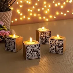 SHILP HANDICRAFT Set of 4 Wooden Tea Light Candle Holder Stand Handmade Wooden Block Print Square Tlight for Diwali Handicraft Decoration Items Candle Holder Set Stand for Indoor Christmas Outdoor-picture-51