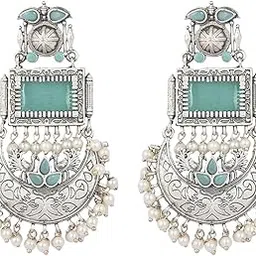 veni 92.5 Silver Plated Oxidised Earrings Peacock Green Stone Long Earrings Chandbali-picture-31