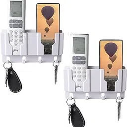 Wall Mobile Holder Multi-Purpose Phone Stand for Wall Remote Holder & Mobile Charging Stand, Phone Holder Kitchen Organizer Rack Wall Mounted Useful Gadget for Smartphones 2 Pics (RD-Max-White) image 1