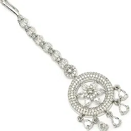 zeneme Elegant Silver Plated Beautiful American Diamond & CZ Studded Crystal Maang Tikka for Women and Girls-picture-45