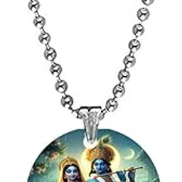 Krishna and Radha Playing Flute Acrylic Pendant with Bead Chain for Men and Women | Lightweight Stylish Devotional Necklace-image-76