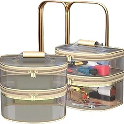 Kuber Industries Pack of 2 Travel Storage Organizer | Dual Layer Cosmetic Bag with Handle | Transparent Jewellery Kit | Toiletries Storage Kit | Travel Makeup Pouch | D Shape | Golden-picture-23
