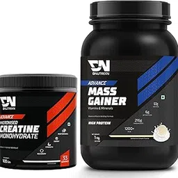DNUTRIXN Advance High Protein Mass Gainer+ Creatine Monohydrate for Muscle Strength, Recovery (Vanilla Ice Cream, Mass Gainer 1KG+ Creatine 100G)-image-1