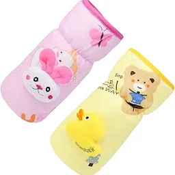 THE LITTLE LOOKERS Soft Plush Stretchable Baby Feeding Bottle Cover with Easy to Hold Strap | Cute Animated Overall Print Pack of 2 (Pink & Yellow, Narrow Neck 240ml/8oz)-image-93