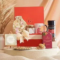 THE GIFT STUDIO.COM Diwali Gift Hamper – Coffee & Cookies Celebration Box with Davidoff Coffee (100g), Smoor Oats & Cranberry Cookies (150g), Mixed Nuts (90g), Mug, Embroidered Potli & Sequinned Thali – Premium Festive Gift Set-image-54