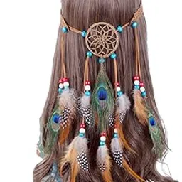 oasisgalore Hippie Dreamcatcher Headdress Boho Feather Headwear Headpiece Peacock Festival Hair Band-picture-42
