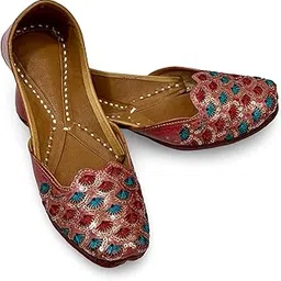 PHA || Women's Embroidered Leather Juttis, Brown with Teal and Red Sequin Pattern, Traditional Ethnic Design Punjabi Jutti-image-89