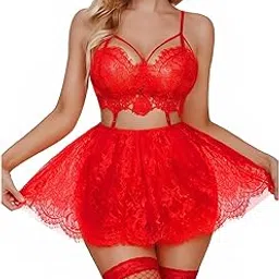 vaia Women Babydoll Lingerie Nighty Set Satin with Lace Chemise Nightgown Spaghetti Straps V- Neck Midnight Sleepwear for Honeymoon & Anniversary Romantic Nightie-picture-15