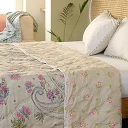 HANUMANT Dohar Single Bed 100% Cotton Blankets for Summer 60x95inch, 150GSM Ac Comforter for Summer Grey Color Classic Printed Design Quilt | Ideal for Gifting (Cream Colour, Double Bed Size)-image-33