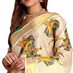 dhevstylish Kerala Kasavu golden Tissue with Kathakali print design saree with Running blouse| Green, Golden Yellow-picture-52