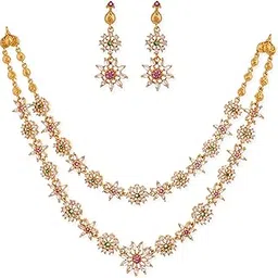 Gold-Plated Two Layer Traditional Necklace Set with Earrings, CZ Stone and Ruby Emerald Accents, Floral Design Indian Wedding Jewellery for Women & Girls-image-7