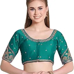 pujia mills Woman Milan Silk Round Neck with Half Sleeve with khatli Work Embroidered Open Back Readymade Blouse 38 Size-picture-43