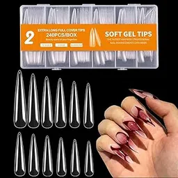 NAILWIND 240Pcs Extra Long Stiletto Nail Tips, 3XL Long Nail Tips Press On Nails, Full Cover No 2 C Curve Stiletto Nails Tips Clear Artificial Acrylic Nails Tips for Salons Home DIY 12 Sizes image 1