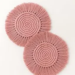 Decors Handmade Macrame Coasters Round Cotton Boho Woven Drink Coaster Set with Tassel | Protects Table for Tea Cups, Coffee Mugs & Glasses (Pink, 6" Diameter, Set of 2)-image-37