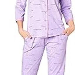 Women's Cotton Typography Printed Shirt & Pyjama Night Suit Set 1121-image-31