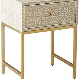 ukindianfurniture Bone Inlay Nightstand – Handmade Beige Floral Pattern with Gold Metal Legs – Single Drawer Bedside Table-picture-19