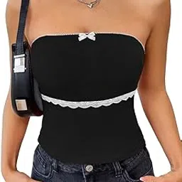 glare & blair Solid Lace Trim Bow Front Tube Ribbed Crop Top for Women-picture-27