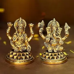 Ekhasa 100% Pure Brass Ganesh Lakshmi Idol | Pital Ganesha and Laxmi Murti for Pooja Room, Home Decor, Office Desk and Car Dashboard | Vinayagar Laxmi Statue for Diwali Puja (Combo Set)-image-37