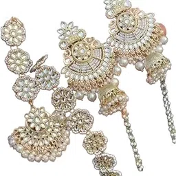 Traditional Indian Kundan Pearl Earrings and Maang Tikka Set, Gold-Plated, Floral Design with Jhumka Drops-picture-27