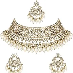 i jewels Gold Plated Traditional Kundan Pearl Hanging Choker Necklace Jewellery Set With Earrings & Maang Tikka For Women-picture-26
