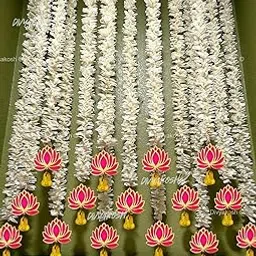 Temple Decoration Items, Mandir Door Decorations Items, Artificial Flowers Lotus Hanging 5 Strings|Wall Hangings for Home Decoration Diwali & All Festival Decoration|30 Inch Each| image 1