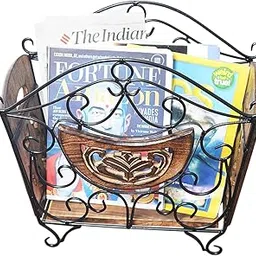 Wrought Iron & Wooden Magazine Cum Countertop Hanging Shelves Newspaper Stand Basket Organizer For Home, Living Room Or Office, Newspaper Magazine Holder Etc. [41X38X20] Cm.-picture-10