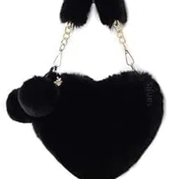 fynora Stylish Black Heart Shaped Plush Handbag for Girls & Women | Cute Faux Fur Shoulder Bag with Pom-Pom & Gold Chain Strap | Soft Winter Crossbody Purse-picture-26