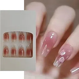 S.A.V.I 24 Pcs Long Coffin Shape Press-On Nails - Nude & Pink Blush Tulip Print | DIY Artificial False Nails Set | Natural Look, Easy Application for Women & Girls | Durable & Reusable False Nails-picture-55